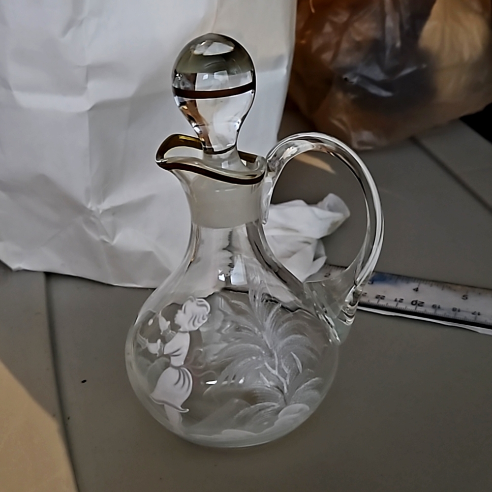 Lovely Mary Gregory Style Vintage Glass Cruet Gold Trim